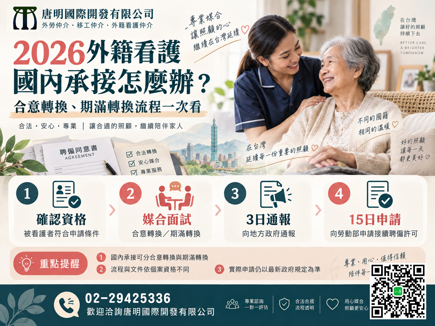 2026外籍看護國內承接怎麼辦?合意轉換、期滿轉換與申請流程一次看 唐明外勞仲介0229425336